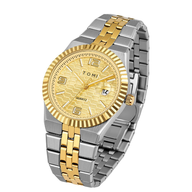 Men's minimalist quartz dress watch with two-tone gold/silver bracelet and gold honeycomb dial