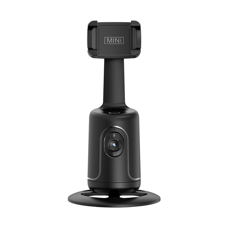 Black compact face-tracking stabilizer stand with phone clamp and front camera