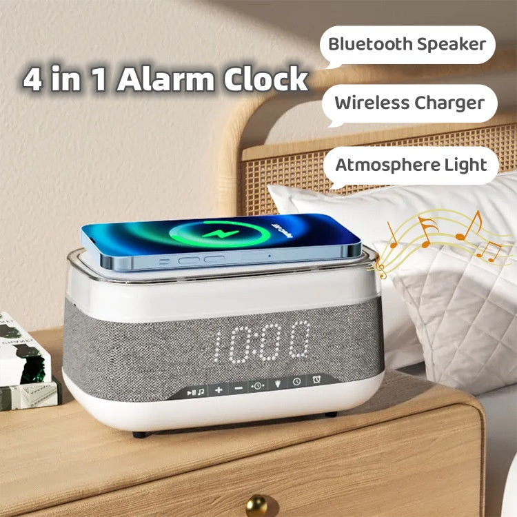 White and gray smart alarm clock Bluetooth speaker with glowing LED display and top light