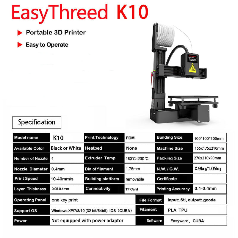 EasyThreed K10 portable 3D printer specification chart with model details
