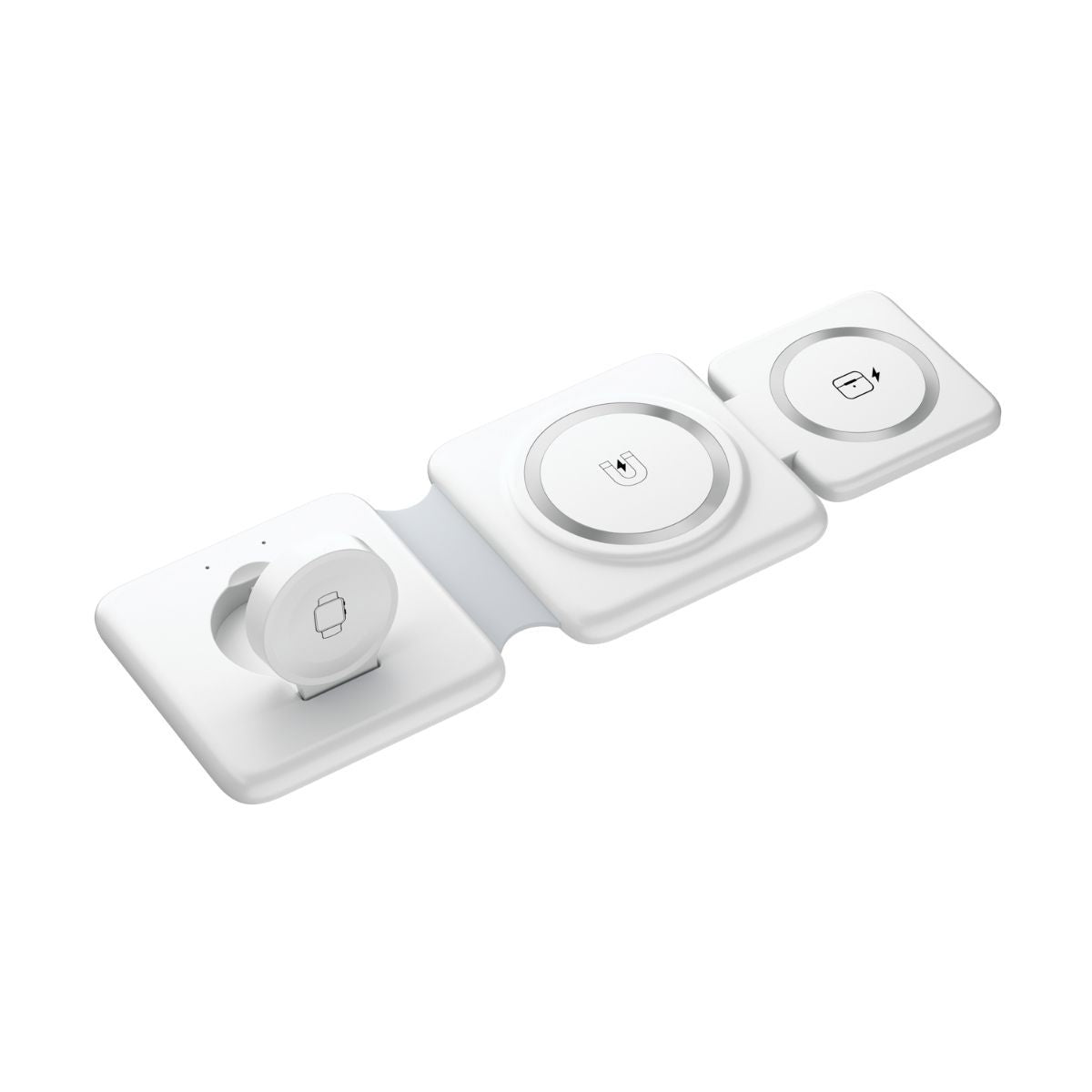 3-in-1 folding magnetic wireless charger with white base and three round charging pads