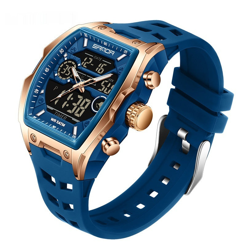 Multifunctional sports electronic watch, blue dial and rose-gold accents, blue silicone strap