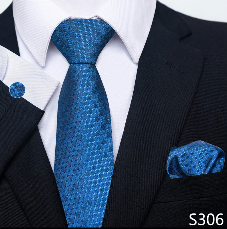 Men's formal tie and pocket square set, royal blue textured hex pattern