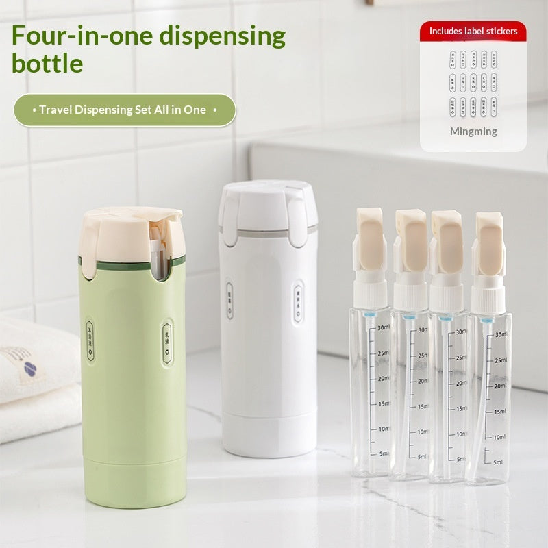 Four-in-one travel dispenser set with green and white bottles and refill vials