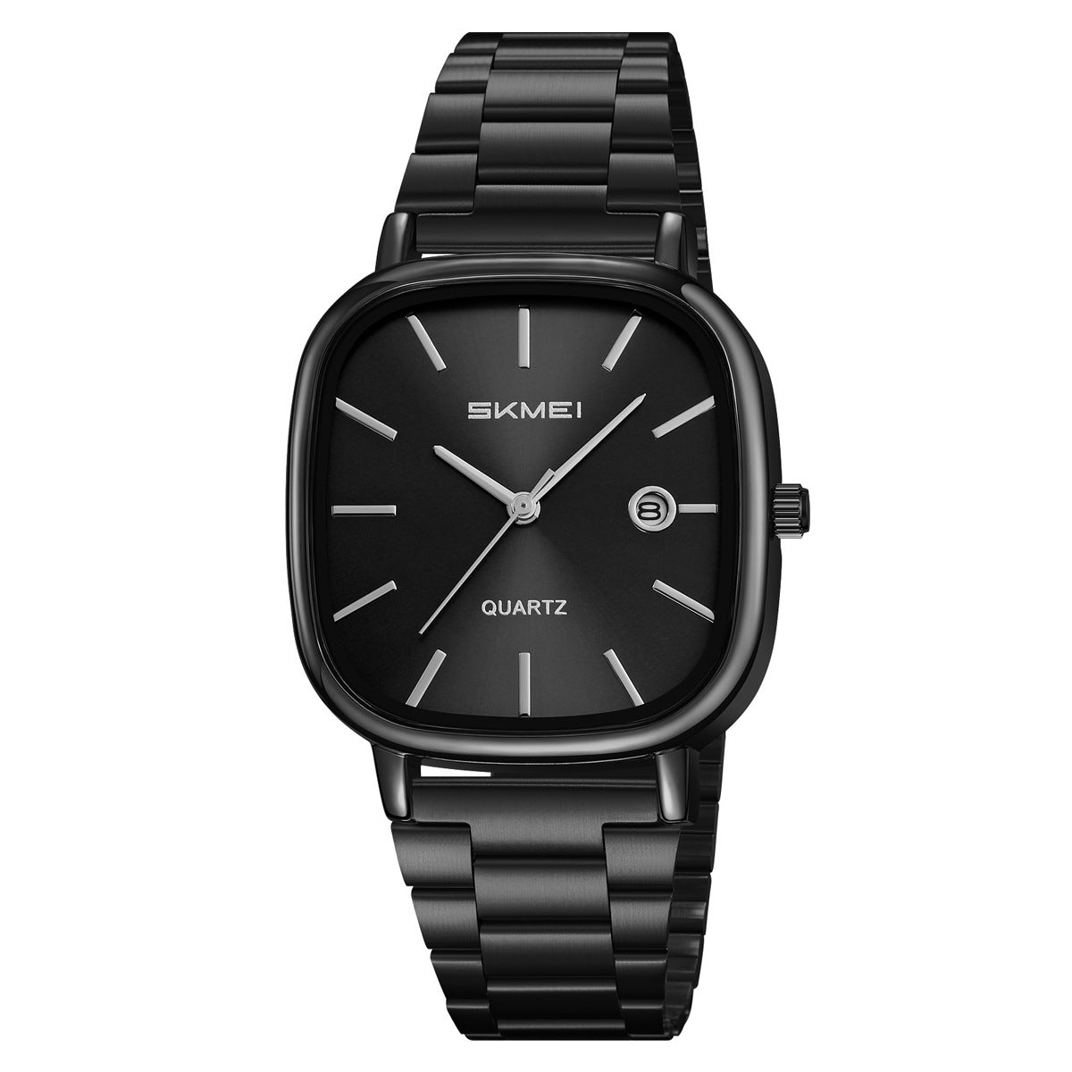 Men's retro square quartz watch with black steel bracelet and black dial