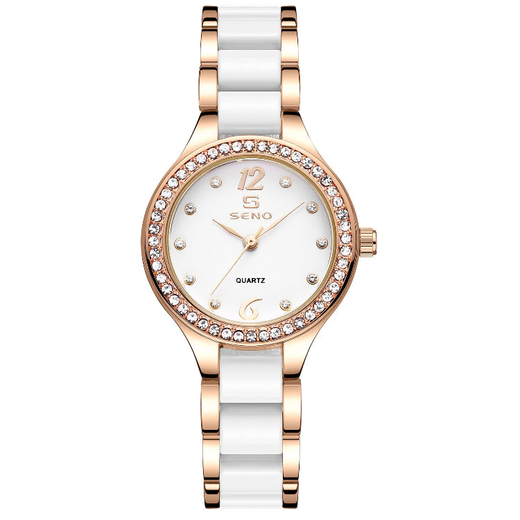 Women's rose gold and white ceramic quartz watch with white dial, crystal bezel, link bracelet