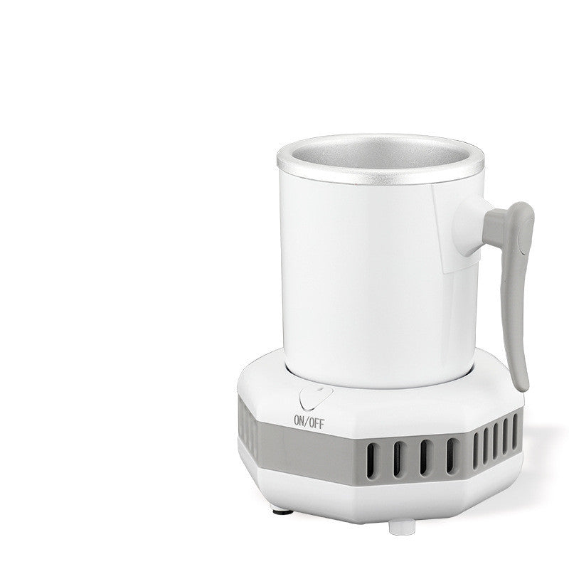 White mini ice cooling cup with side handle and gray vented ON/OFF base