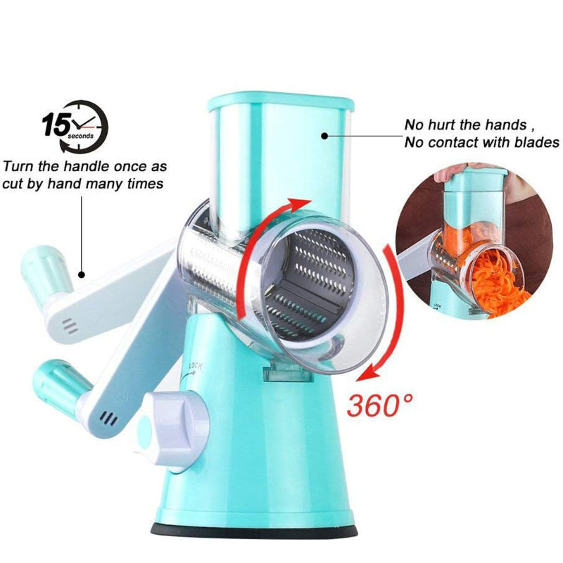 Teal manual rotary slicer with rotating drum and safety handle, close-up