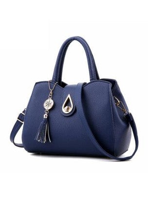 Navy PU leather women's handbag with top handles, shoulder strap, tassel key charm