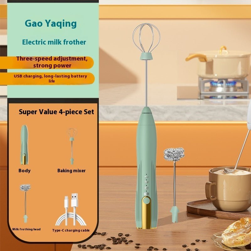 Green handheld electric milk frother with whisk rod attachment