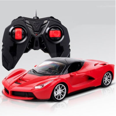 Remote control racing car toy with red body and black controller, silver wheels.