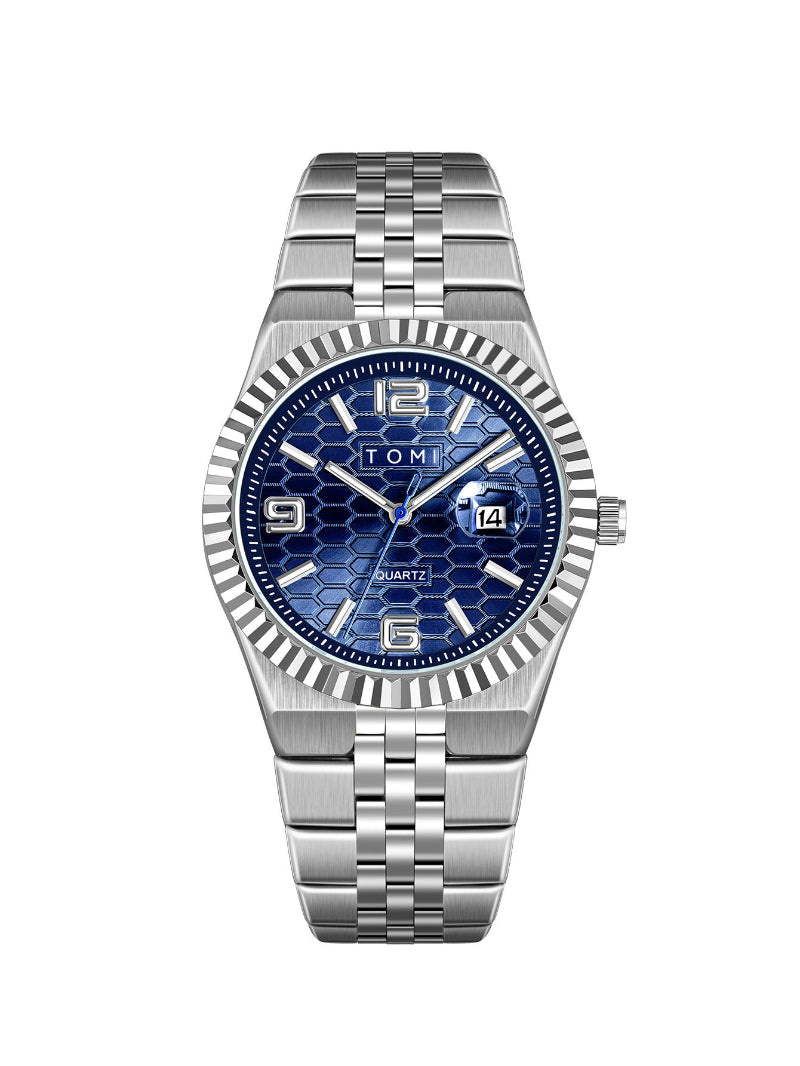 Men's minimalist quartz dress watch with silver metal bracelet and blue honeycomb dial, date 14