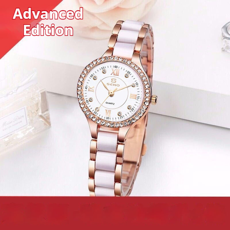 Women's ceramic quartz watch in rose gold-tone with crystal bezel and white dial