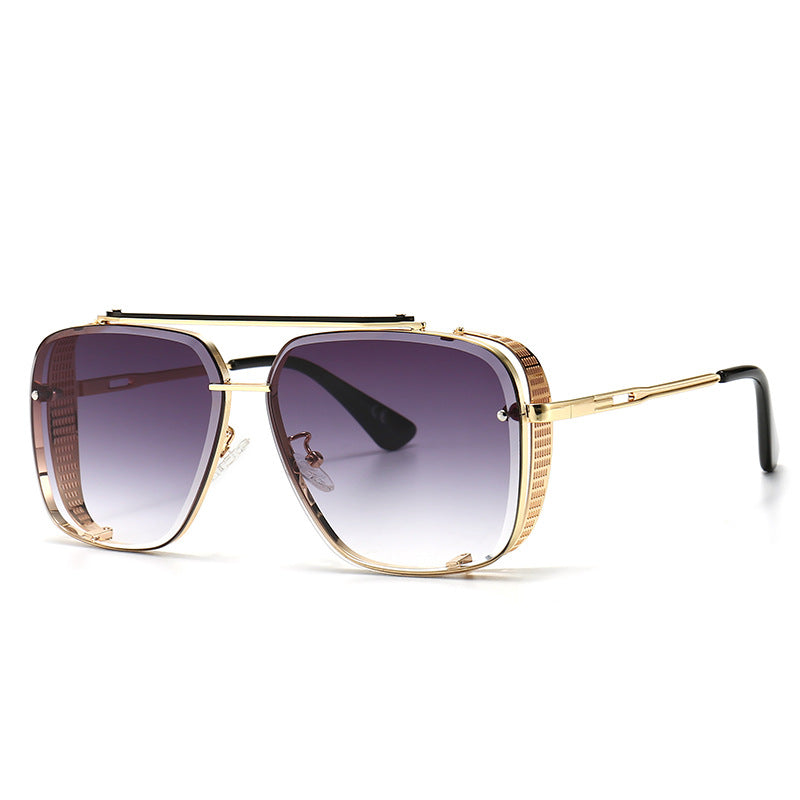 Oversized square sunglasses with dark purple lenses and gold-tone frame