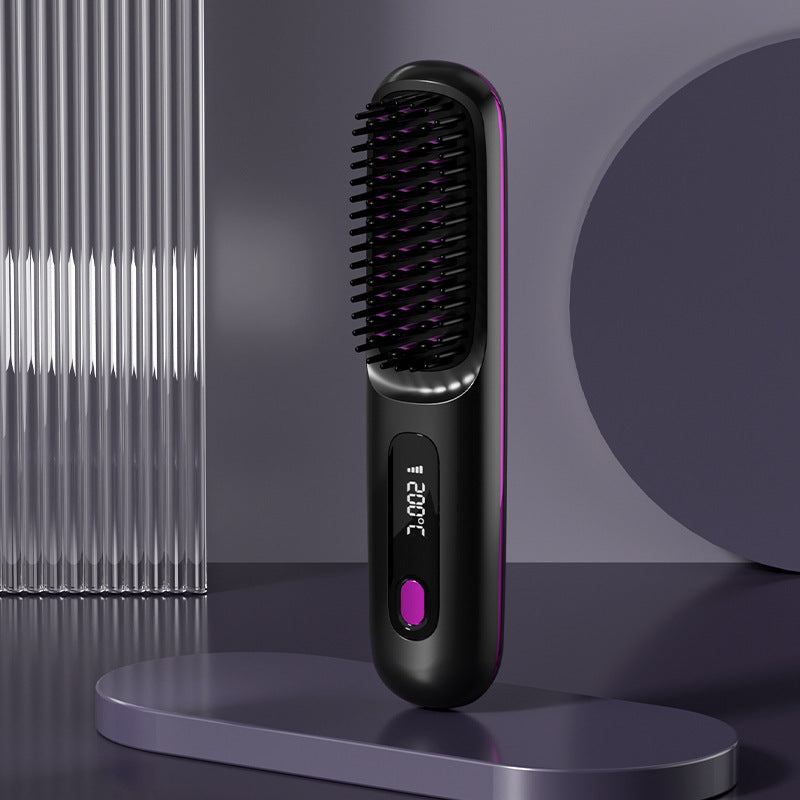 Hair straightener brush comb with black body and purple edge, standing upright