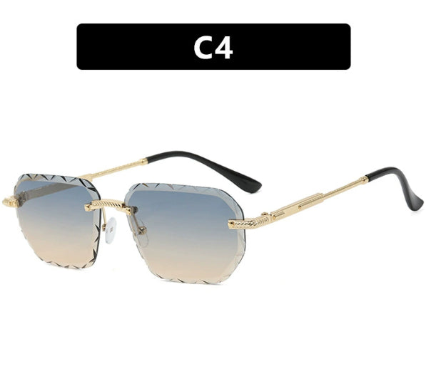Square small metal sunglasses with gradient blue lenses, gold frame and black temples