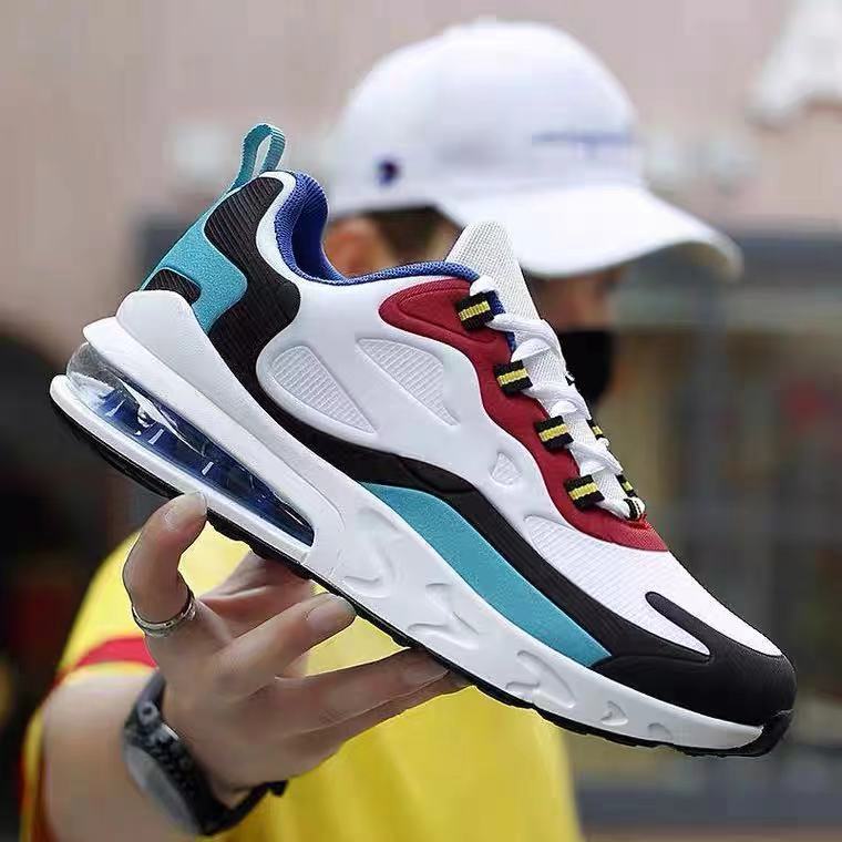 Air cushion casual men's shoes in white with blue trim and red details, lace-up air sole