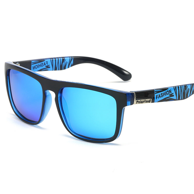 Polarized sports sunglasses with blue frame and reflective blue square lenses