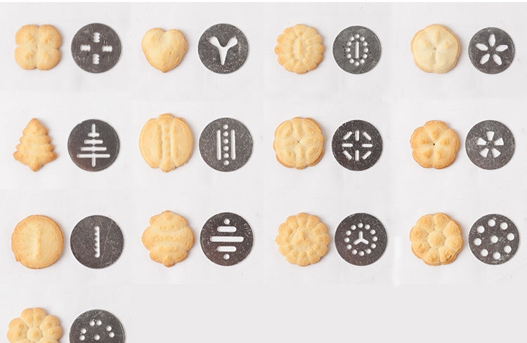 Biscuit press cookie shapes with patterned metal discs