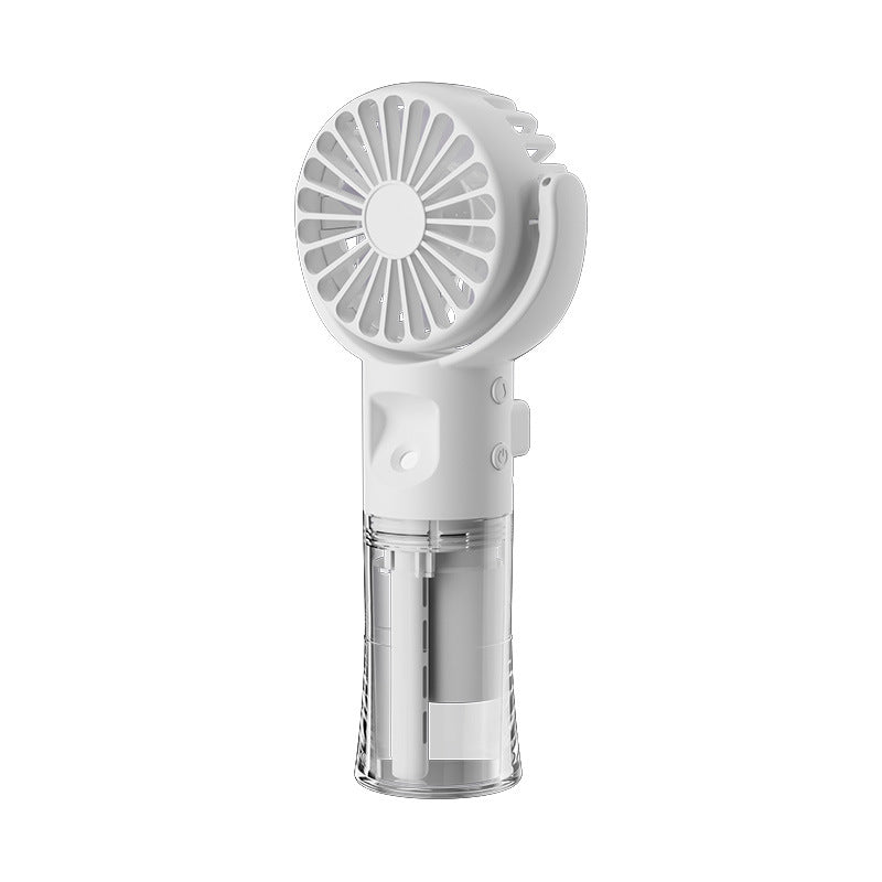 Portable 4-speed handheld fan in light gray with clear base cup and front circular grill