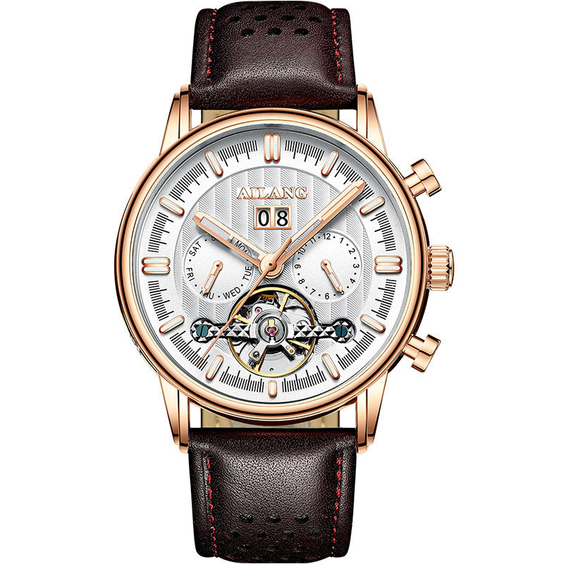 Luxury watch with brown leather strap and rose gold casing on white background