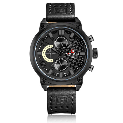 Men's quartz watch straight-on front view, black dial with subdials and black strap