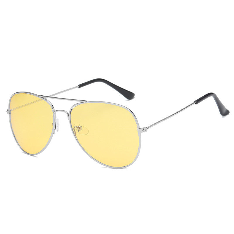 Silver aviator sunglasses with yellow-tinted lenses, front view