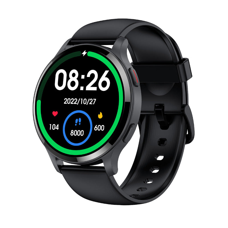 Black smartwatch with green ring display and black silicone band, slim profile