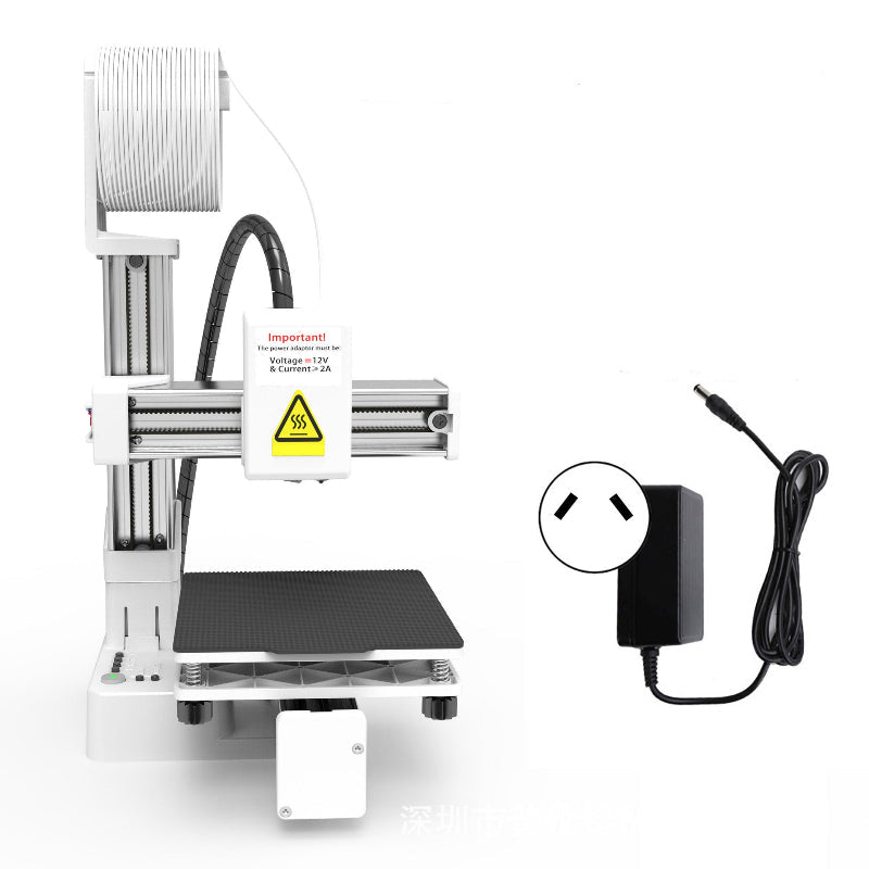 White portable 3D printer with power adaptor and AU plug, shown with adapter and cable