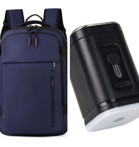 Navy travel backpack with front zip pocket and vertical zipper pull