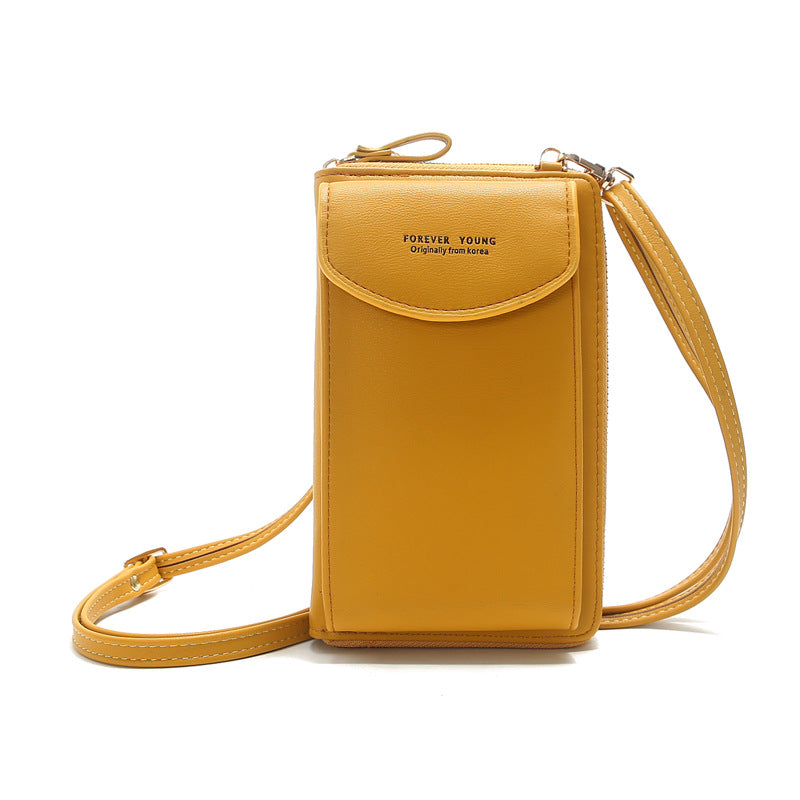 Yellow PU leather crossbody wallet purse with front flap, gold-tone hardware, and zip top