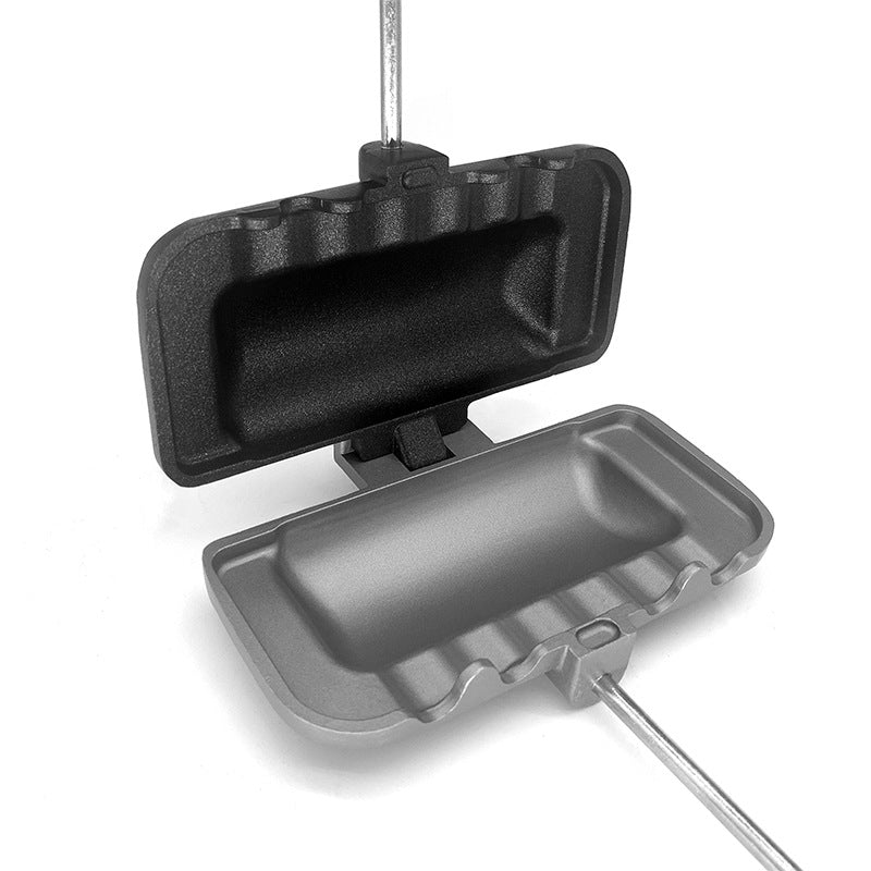 Open double-sided sandwich pan, black and gray non-stick plates with metal rods and handle