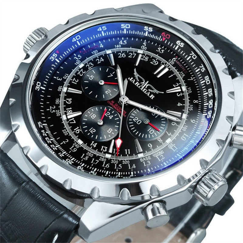Men's mechanical chronograph watch with silver case and black dial, blue edge and red accents