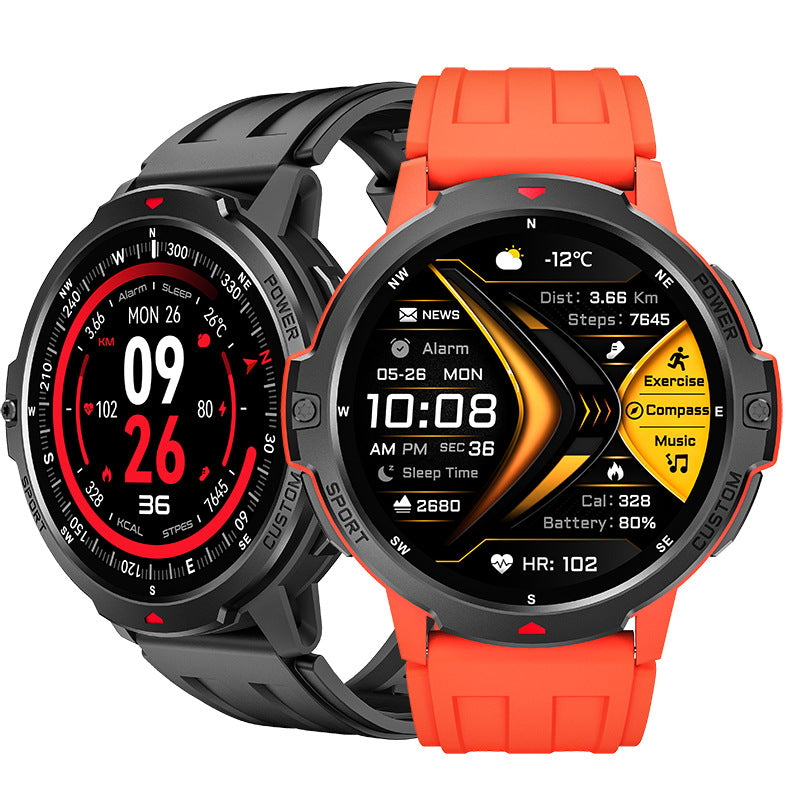 GPS waterproof smartwatch pair with orange and black silicone straps, round display faces
