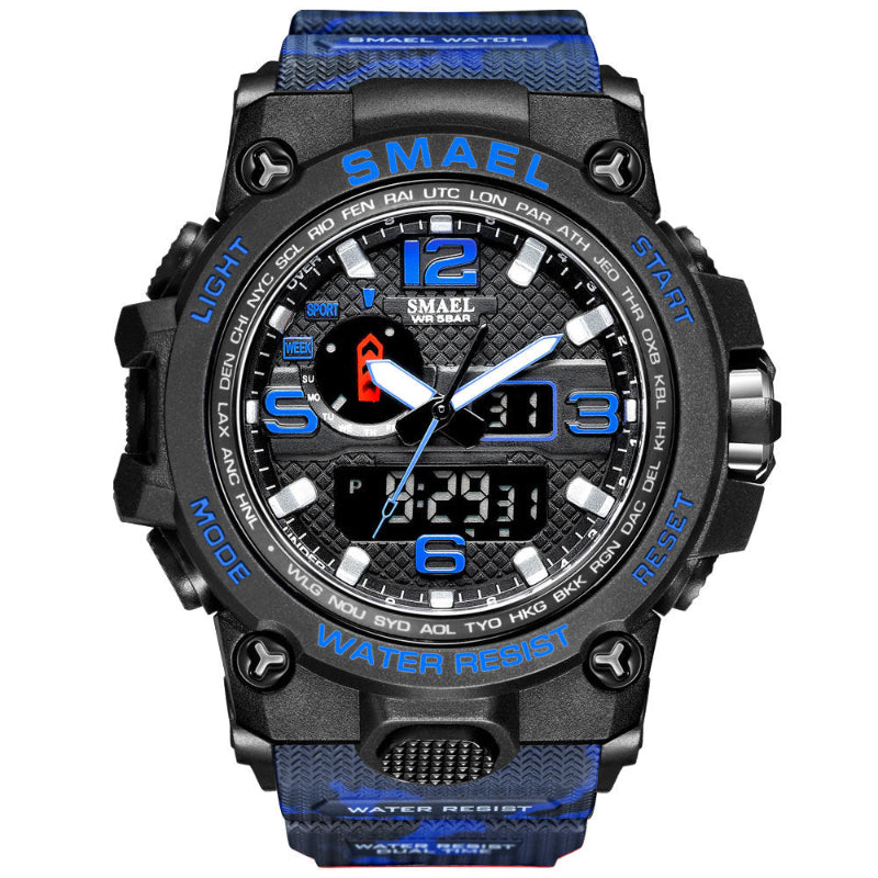 Men's sports alarm wristwatch with black case and blue strap, luminous digital display