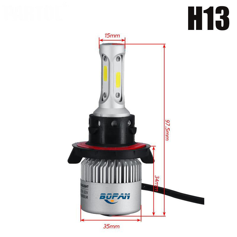 LED headlight bulb H13 with dual yellow LEDs, silver fins, and black cable