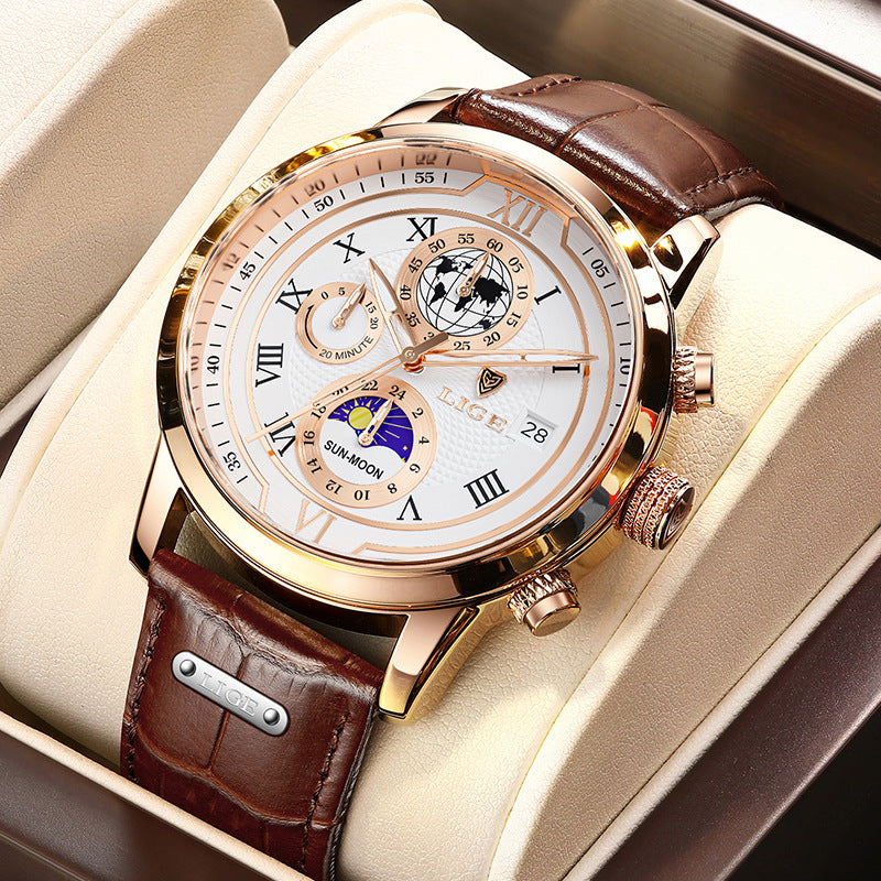 Men's rose gold moon phase quartz watch, white dial, brown leather strap on display