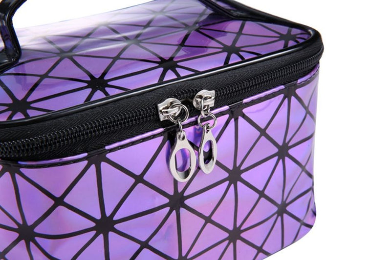 Purple holographic cosmetic bag close-up of black zipper pulls and geometric pattern