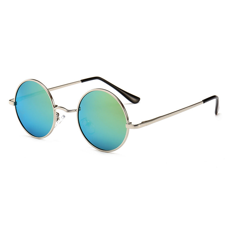 Round polarized sunglasses with gold metal frame and blue mirrored lenses