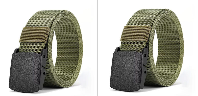 Olive green nylon tactical belt with black buckle and adjustment holes