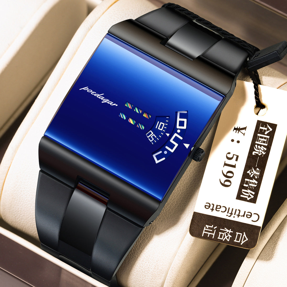 Ultra-thin quartz watch with black case and blue dial, illuminated digital numerals