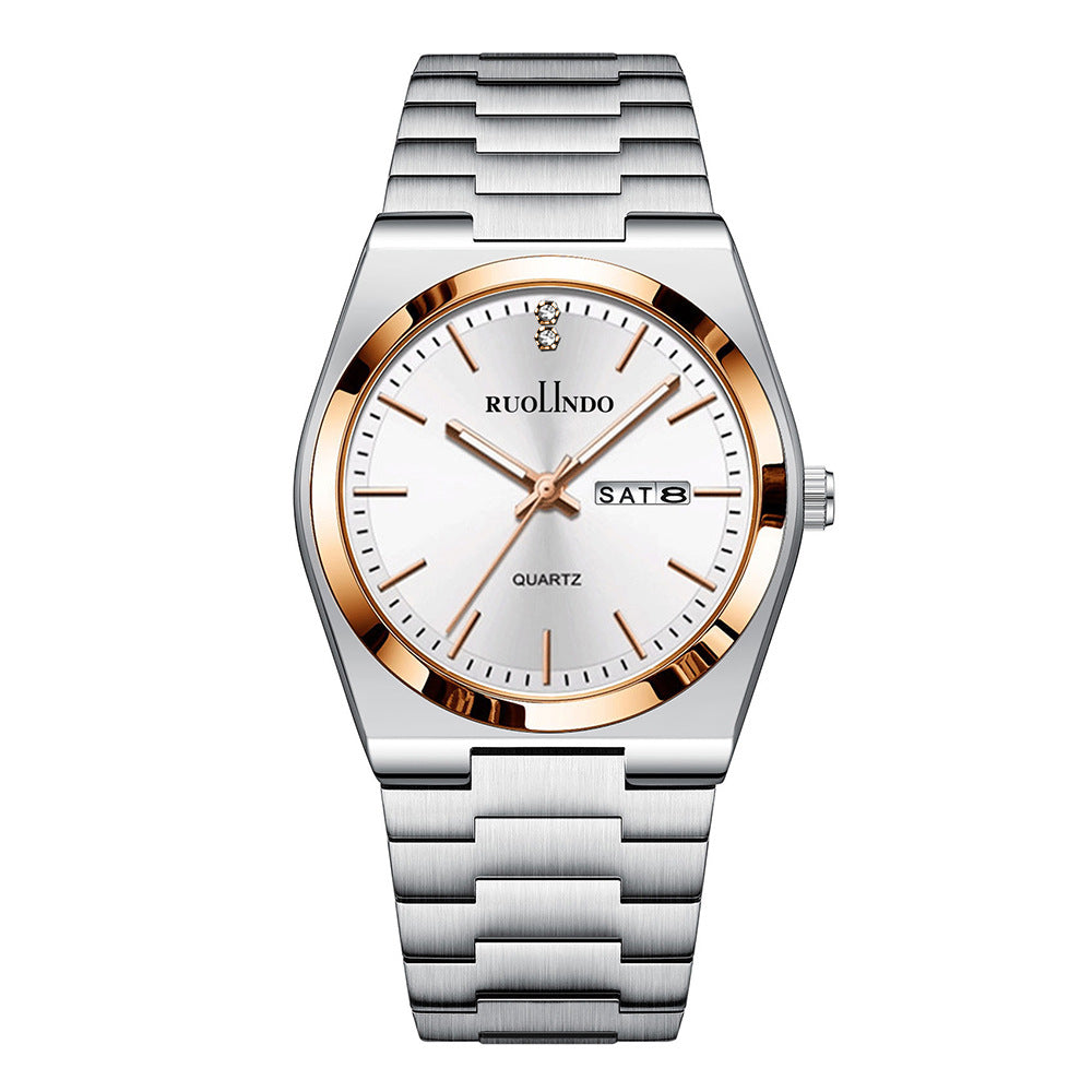 Day-date quartz watch with white dial and gold-tone bezel, silver metal bracelet, date window
