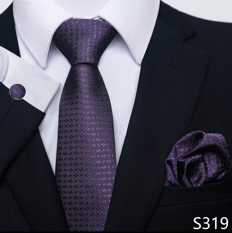 Men's formal tie scarf cuff buckle set: dark purple geometric tie, pocket square, cufflinks