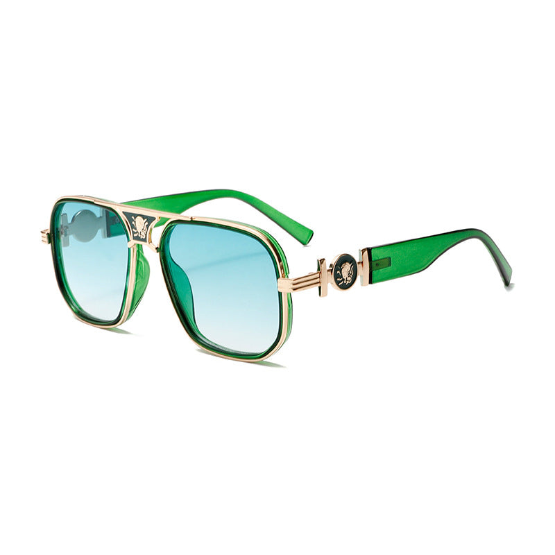 Classic unisex sunglasses with green frame and light blue lenses, rounded square shape