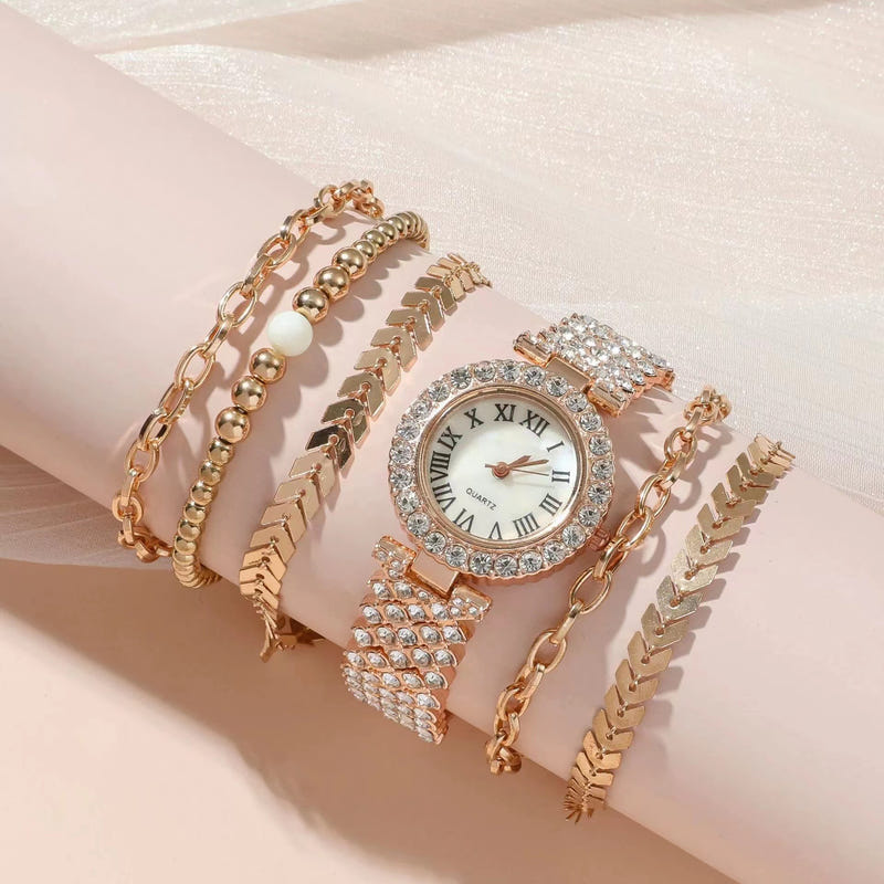 Gold-tone crystal watch with sparkling strap plus linked and beaded bracelet set