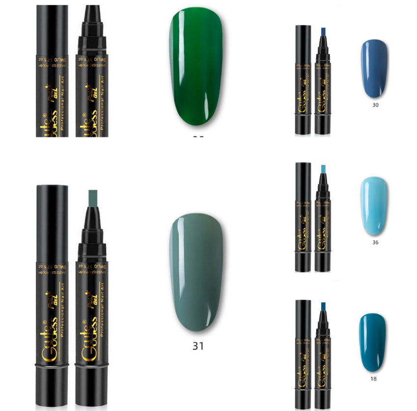 Nail gel glue pens with assorted glossy shade swatches, including green (31)