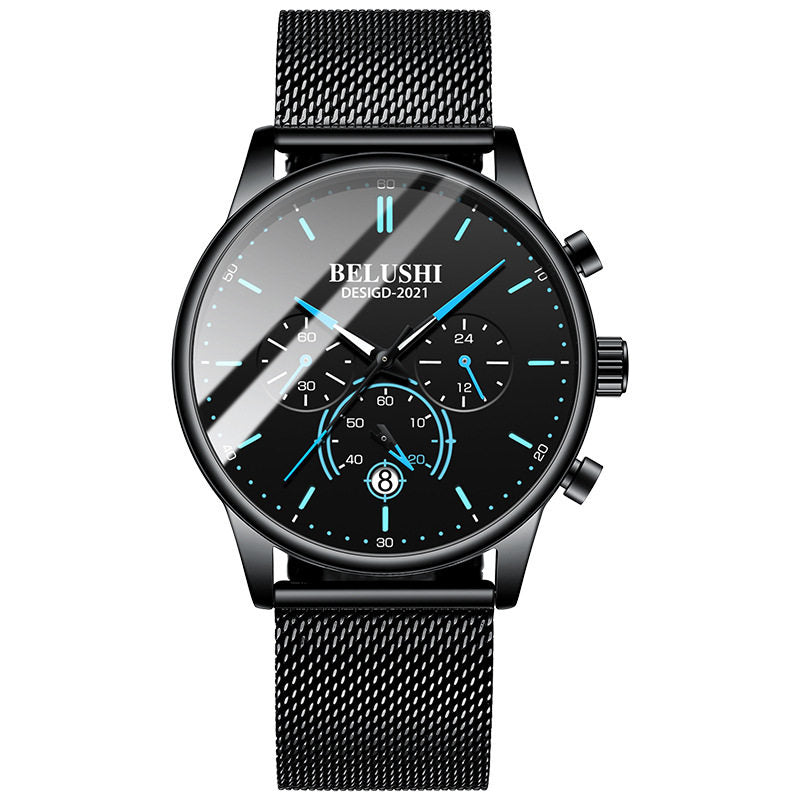 Men's black quartz watch with blue accent dial and black mesh strap.