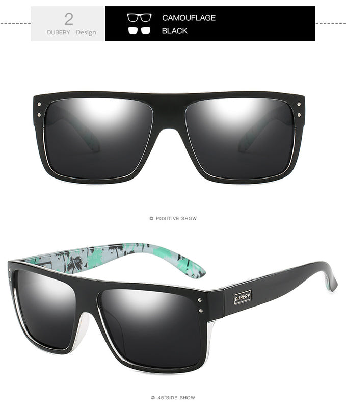 Black sport sunglasses with dark polarized lenses and camouflage-pattern temples