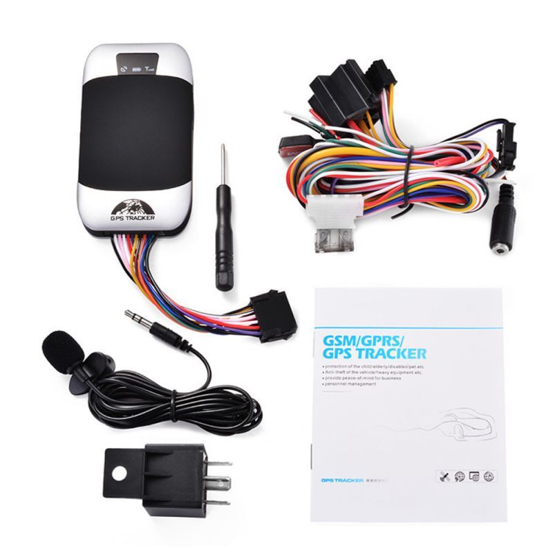 Vehicle GPS tracker kit with black wiring bundle, antenna, and instruction sheet