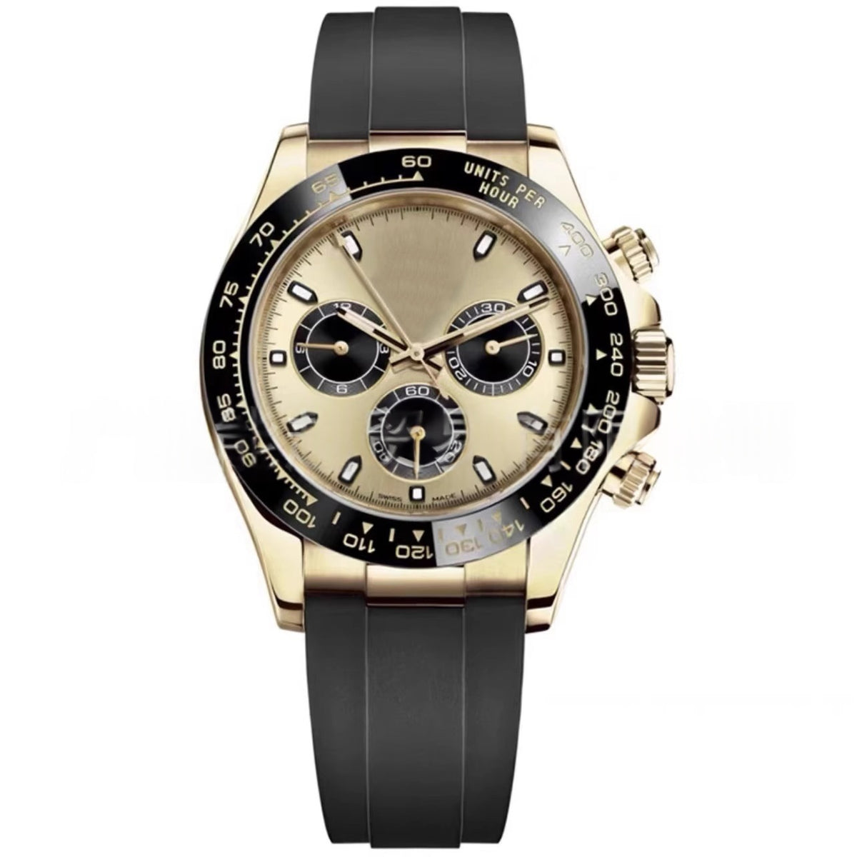 Mechanical wristwatch on black rubber strap, gold-tone case; champagne dial with 3 subdials